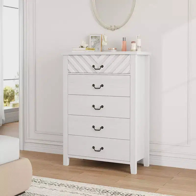 Zstar Commode 5 Tiroirs pour Chambre, Commode Haute 114,8 cm, Meuble de Rangement Vertical Autonome avec Tiroirs, Armoire de Rangement en Bois pour Chambre à Coucher