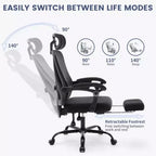 Chaise de bureau ergonomique en maille, chaise de bureau à domicile avec appui-tête et dossier réglables, support lombaire confortable avec roulettes pivotantes à 360°