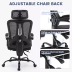 Chaise de bureau ergonomique en maille, chaise de bureau à domicile avec appui-tête et dossier réglables, support lombaire confortable avec roulettes pivotantes à 360°