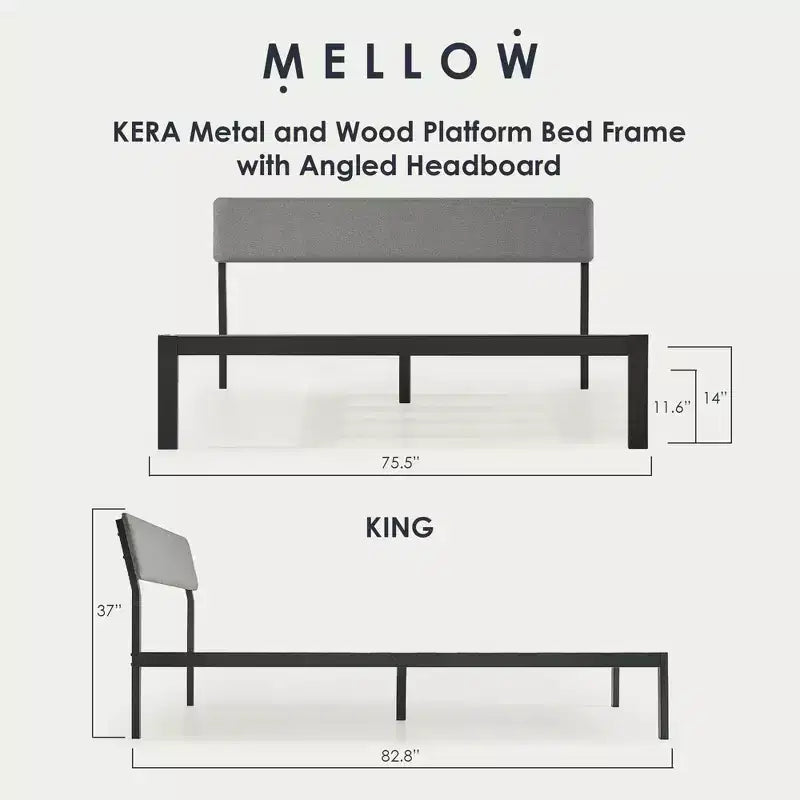 Lit plateforme Mellow KERA en métal et bois avec tête de lit inclinée