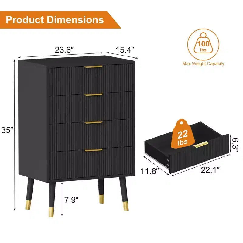 Commode à 4 tiroirs pour chambre à coucher, commode de rangement moderne, unité de rangement avec tiroirs, petite table de chevet cannelée