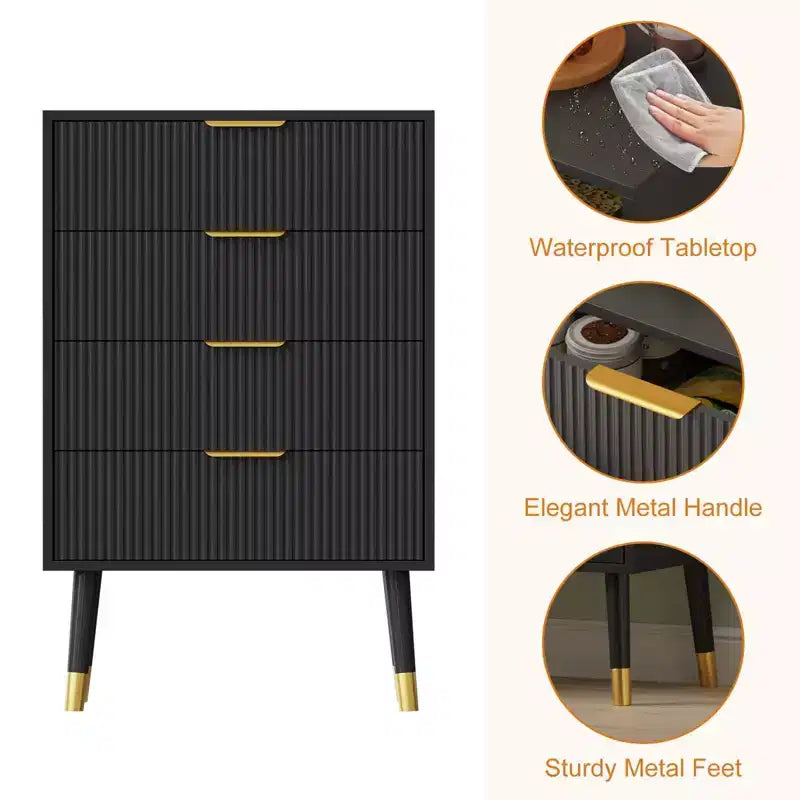 Commode à 4 tiroirs pour chambre à coucher, commode de rangement moderne, unité de rangement avec tiroirs, petite table de chevet cannelée