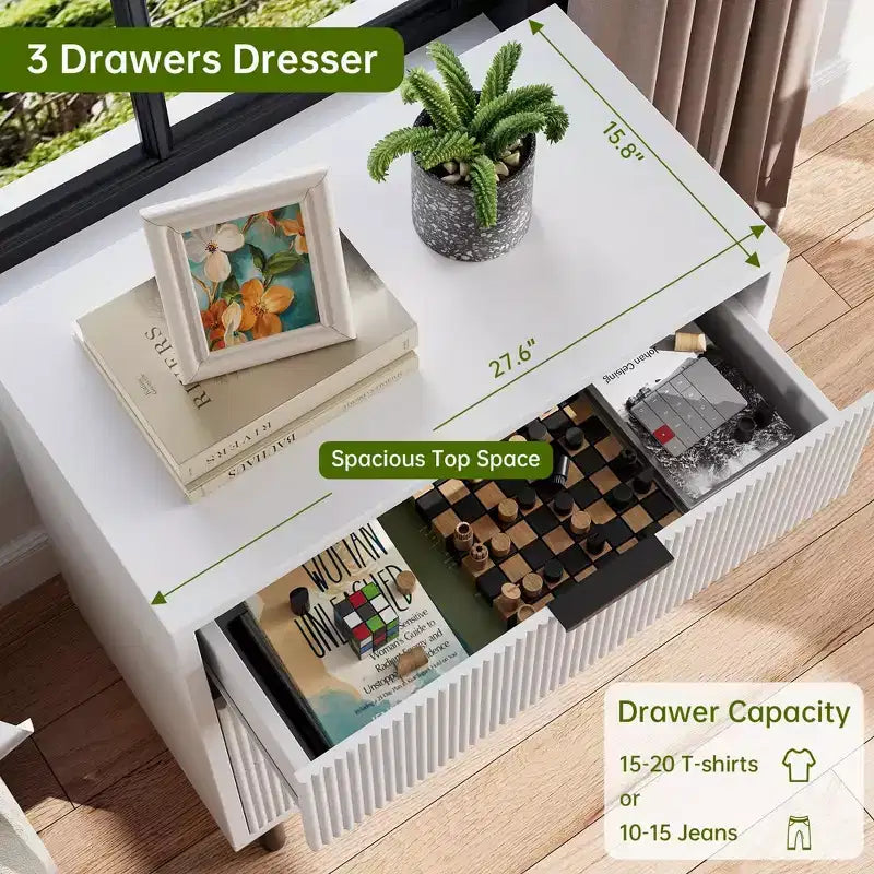 Commode 3 tiroirs GustoWave, commode de 71 cm de large avec dispositif anti-basculement, table de chevet haute en bois avec rangement et pieds en métal