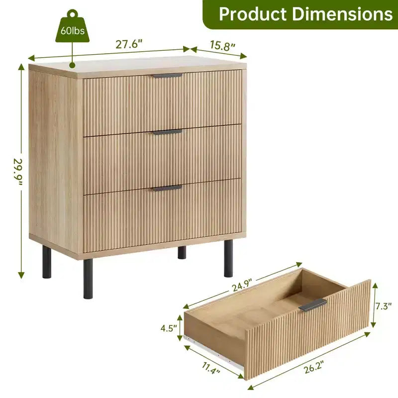 Commode 3 tiroirs GustoWave, commode de 71 cm de large avec dispositif anti-basculement, table de chevet haute en bois avec rangement et pieds en métal