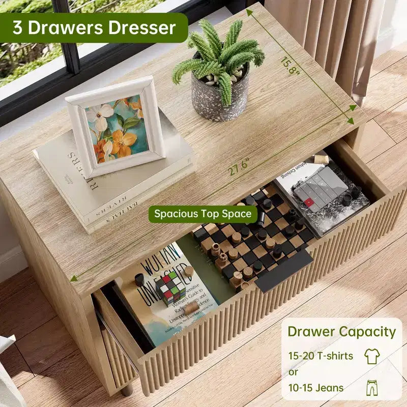 Commode 3 tiroirs GustoWave, commode de 71 cm de large avec dispositif anti-basculement, table de chevet haute en bois avec rangement et pieds en métal
