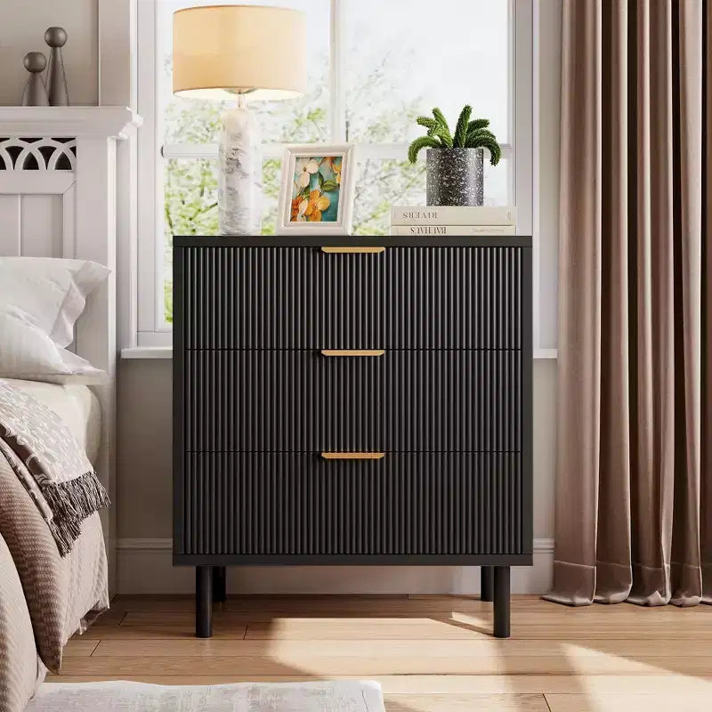 Commode 3 tiroirs GustoWave, commode de 71 cm de large avec dispositif anti-basculement, table de chevet haute en bois avec rangement et pieds en métal