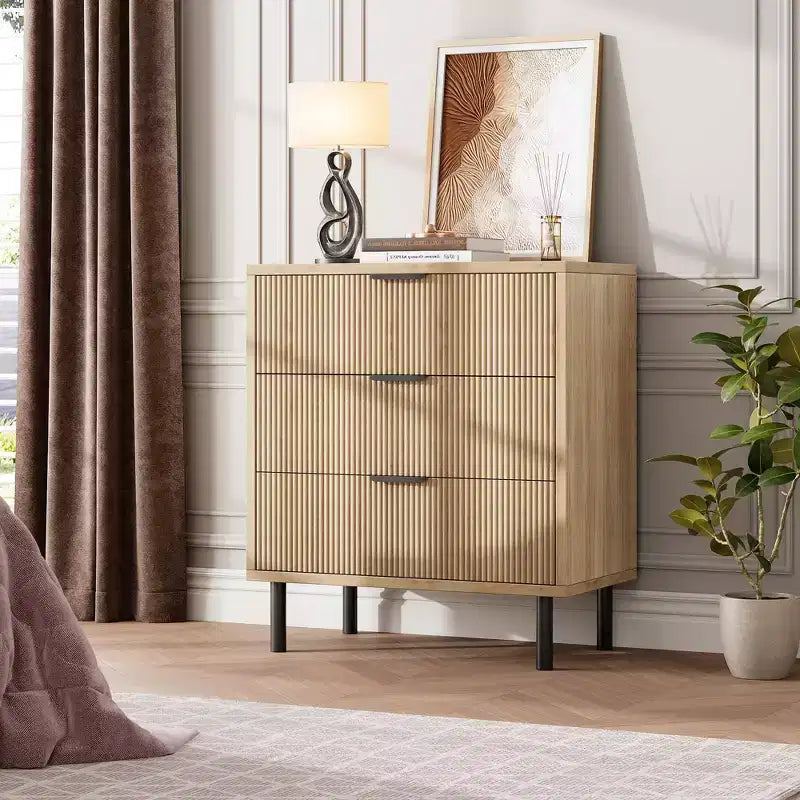 Commode 3 tiroirs GustoWave, commode de 71 cm de large avec dispositif anti-basculement, table de chevet haute en bois avec rangement et pieds en métal