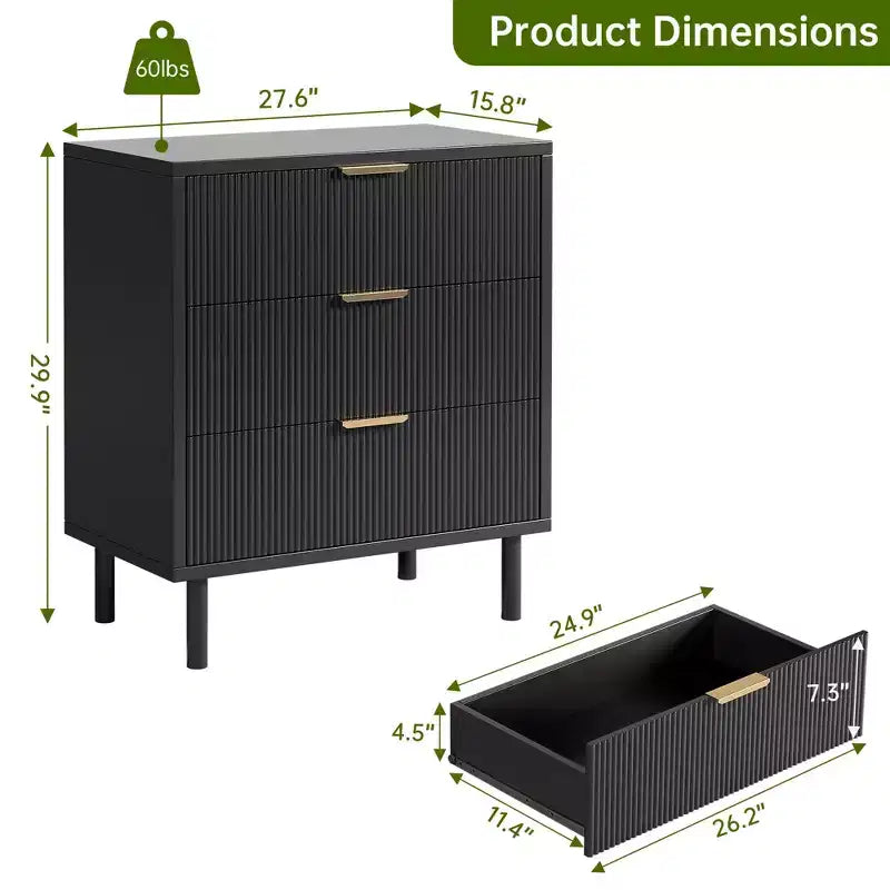 Commode 3 tiroirs GustoWave, commode de 71 cm de large avec dispositif anti-basculement, table de chevet haute en bois avec rangement et pieds en métal