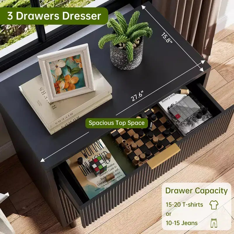 Commode 3 tiroirs GustoWave, commode de 71 cm de large avec dispositif anti-basculement, table de chevet haute en bois avec rangement et pieds en métal