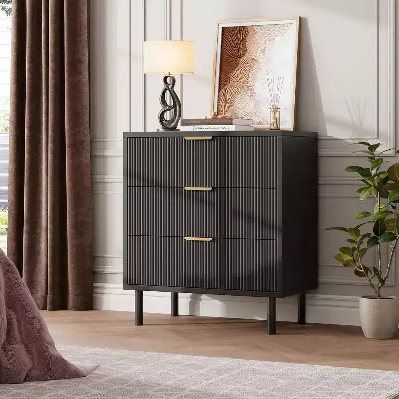 Commode 3 tiroirs GustoWave, commode de 71 cm de large avec dispositif anti-basculement, table de chevet haute en bois avec rangement et pieds en métal