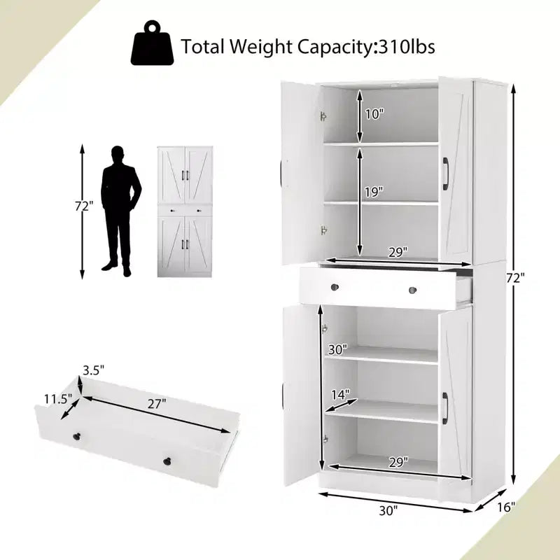 Meuble de rangement de cuisine Costway 72 po, style moderne campagnard, avec 4 portes de grange, brun/blanc/noir