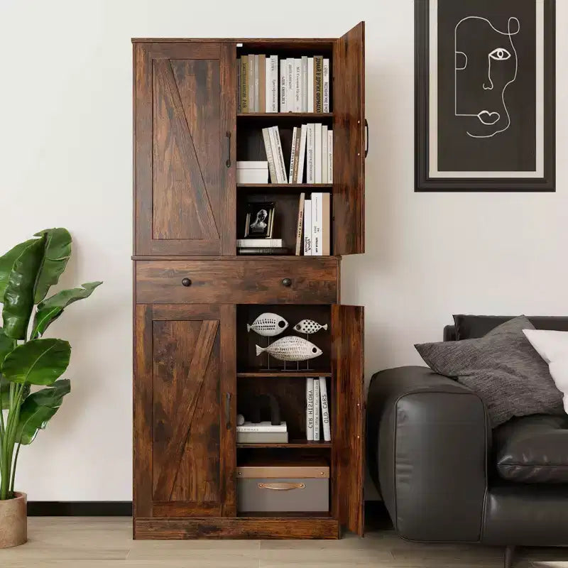 Meuble de rangement de cuisine Costway 72 po, style moderne campagnard, avec 4 portes de grange, brun/blanc/noir
