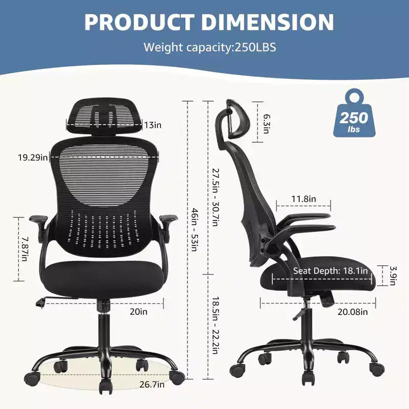 Chaise de bureau ergonomique MAYEERTY - Dossier haut, roulettes, accoudoirs relevables, réglable