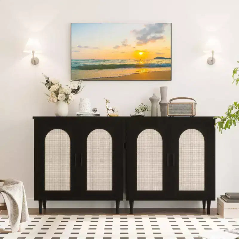 Meuble de Rangement Buffet de Cuisine TROPOW avec Rotin, Pieds en Bois Massif pour Salon, Couloir, Entrée