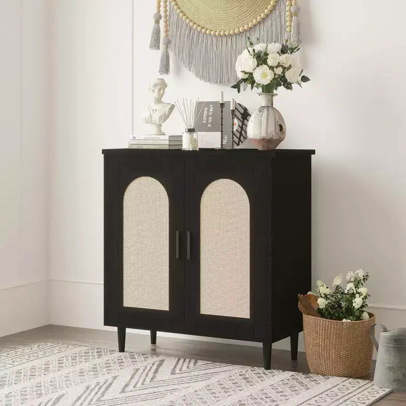 Meuble de Rangement Buffet de Cuisine TROPOW avec Rotin, Pieds en Bois Massif pour Salon, Couloir, Entrée