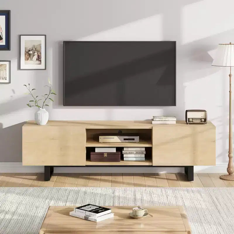Meuble TV pour 80 pouces, meuble de divertissement moderne avec 2 tiroirs, meuble multimédia en bois avec rangement