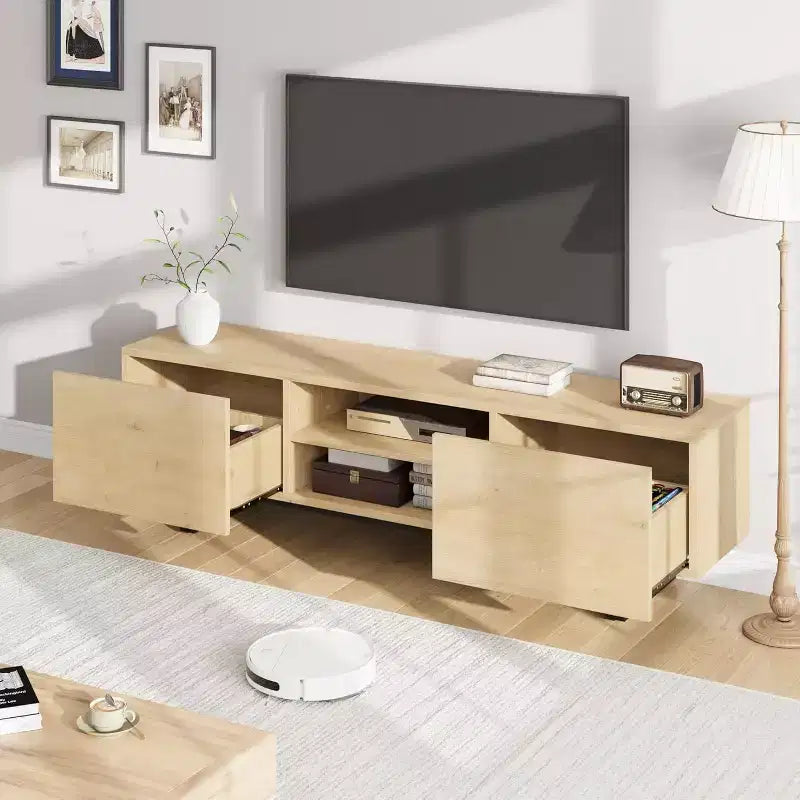 Meuble TV pour 80 pouces, meuble de divertissement moderne avec 2 tiroirs, meuble multimédia en bois avec rangement