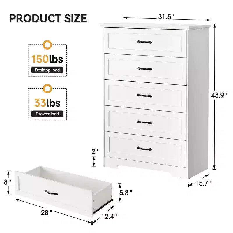 Commode simple grise à cinq tiroirs, marque YS, en chêne, grande capacité avec cinq tiroirs, adaptée à de multiples scénarios, sécurité anti-basculement