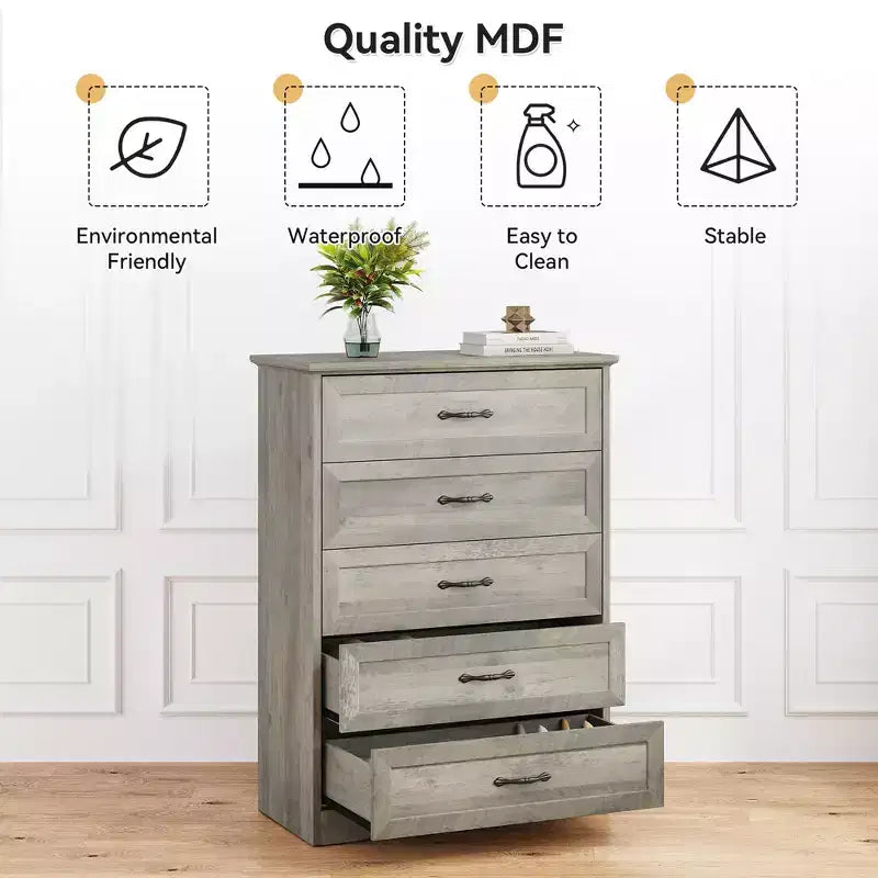 Commode simple grise à cinq tiroirs, marque YS, en chêne, grande capacité avec cinq tiroirs, adaptée à de multiples scénarios, sécurité anti-basculement