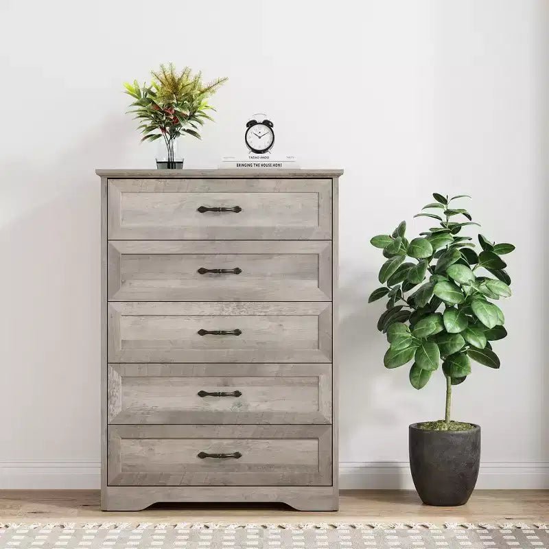Commode simple grise à cinq tiroirs, marque YS, en chêne, grande capacité avec cinq tiroirs, adaptée à de multiples scénarios, sécurité anti-basculement