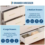 Commode 7 tiroirs, commode moderne avec poignées en métal doré, commode en bois pour chambre à coucher avec pieds en métal robustes, organisateur de rangement blanc