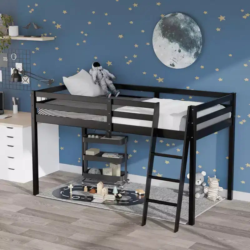 Karl Home Gray Wood Junior Loft Bed with Stairs Full Size for Adults, Kids and Young Teens