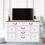 Commode à 9 tiroirs avec station de charge, commode en bois de 137 cm de large avec poignées métalliques, meuble TV vintage, chiffonnier