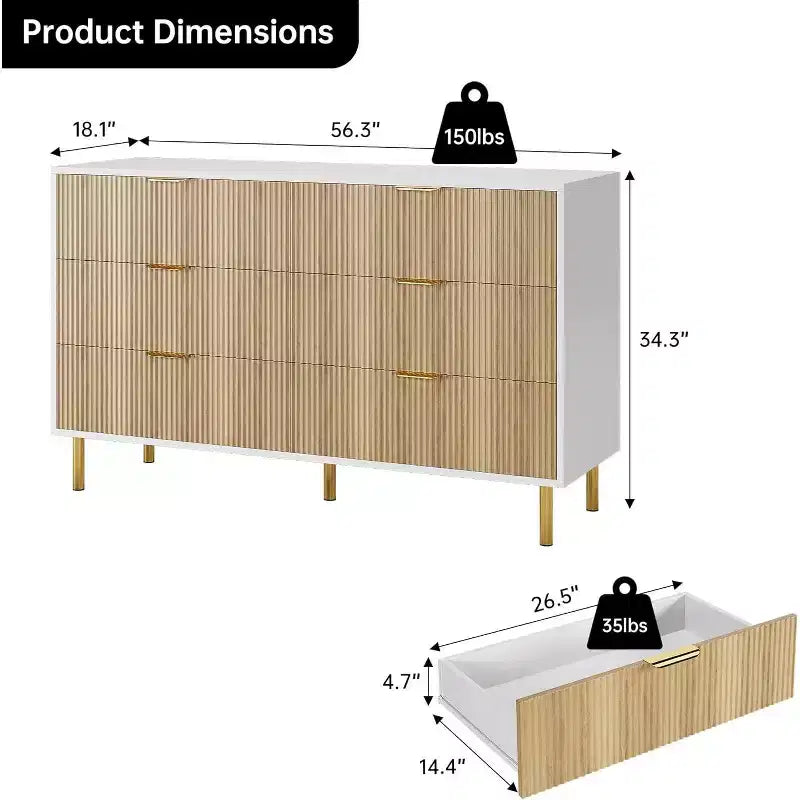 Commode de chambre à 6 tiroirs Zstar, avec poignées métalliques