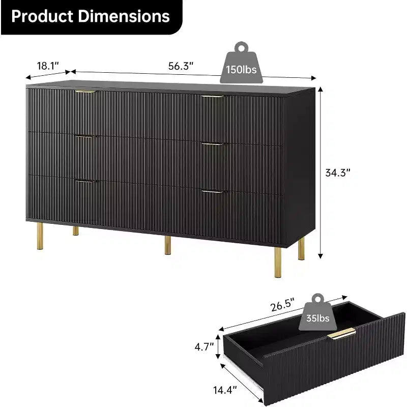 Commode de chambre à 6 tiroirs Zstar, avec poignées métalliques