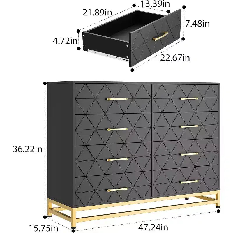 Commode noire en MDF+PB+Fer, 8 grands tiroirs, panneau à motif triangulaire, anti-poussière et résistante à l'usure, adaptée à de multiples scénarios
