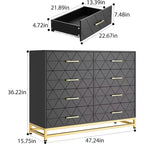 Commode noire en MDF+PB+Fer, 8 grands tiroirs, panneau à motif triangulaire, anti-poussière et résistante à l'usure, adaptée à de multiples scénarios