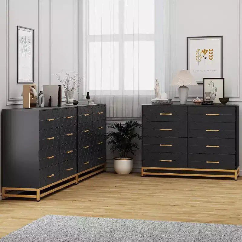 Commode noire en MDF+PB+Fer, 8 grands tiroirs, panneau à motif triangulaire, anti-poussière et résistante à l'usure, adaptée à de multiples scénarios