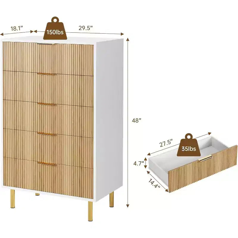 Commode 5 tiroirs Zstar pour chambre à coucher, avec poignées en métal doré