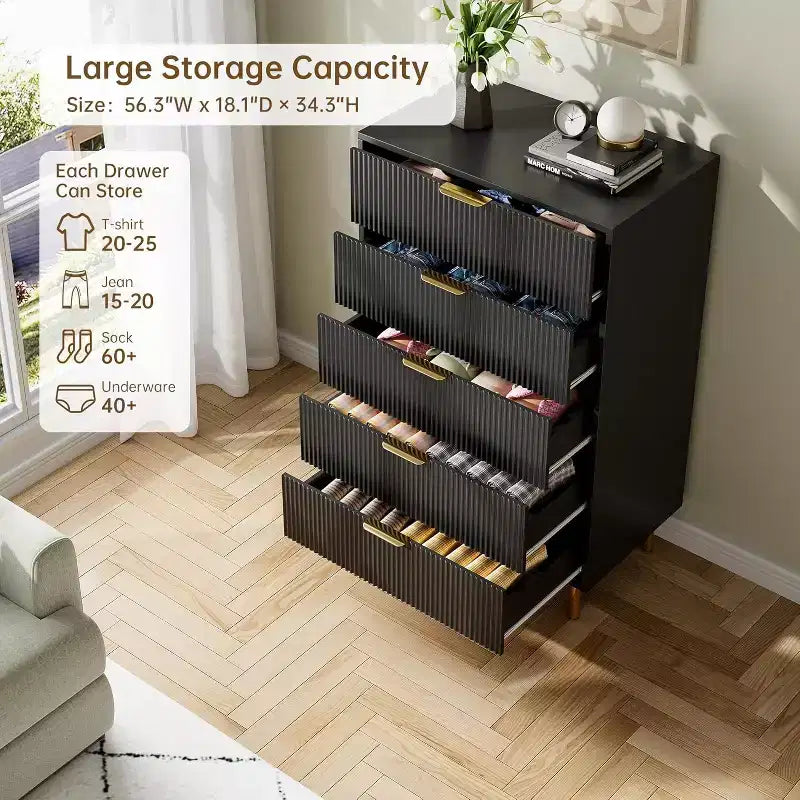 Commode 5 tiroirs Zstar pour chambre à coucher, avec poignées en métal doré