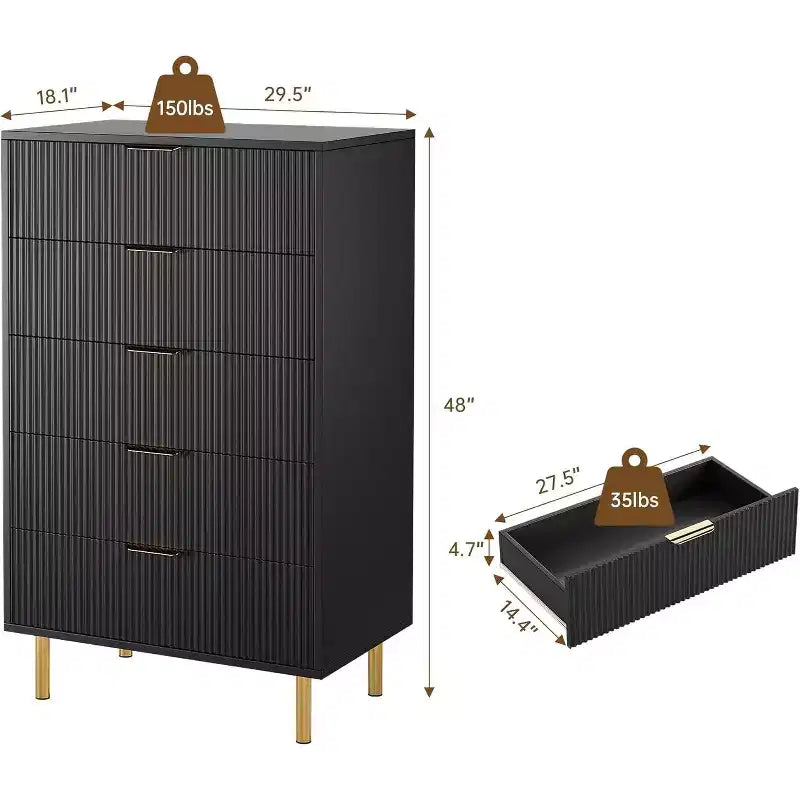 Commode 5 tiroirs Zstar pour chambre à coucher, avec poignées en métal doré