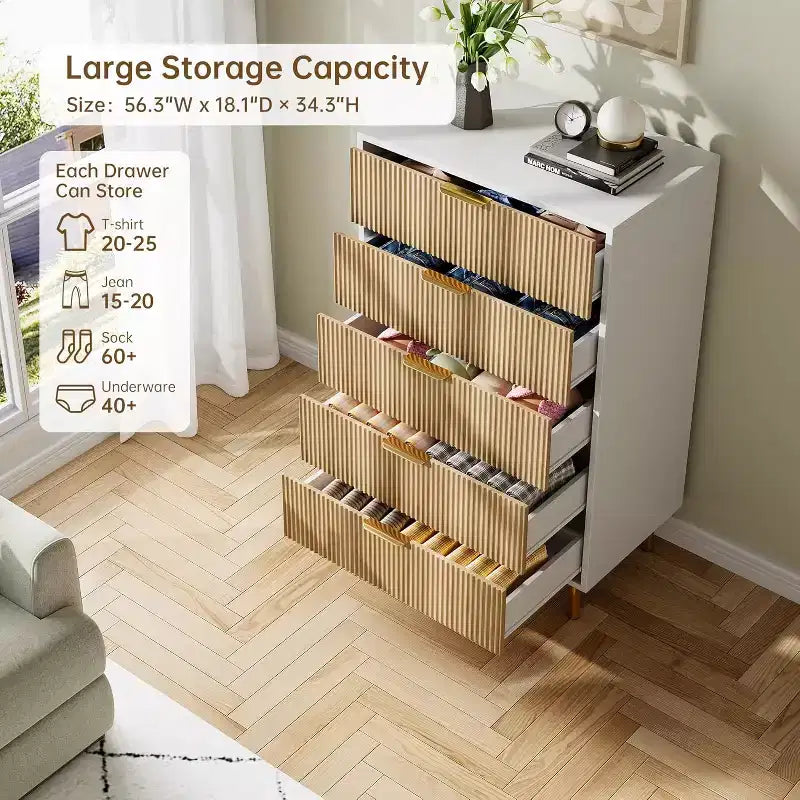 Commode 5 tiroirs Zstar pour chambre à coucher, avec poignées en métal doré