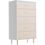 White 5 Drawer Dresser, Tall Narrow Chest of Drawers, Wooden Skinny Dresser with Gold Metal Handles and Legs, Modern Storage Drawer Cabinet