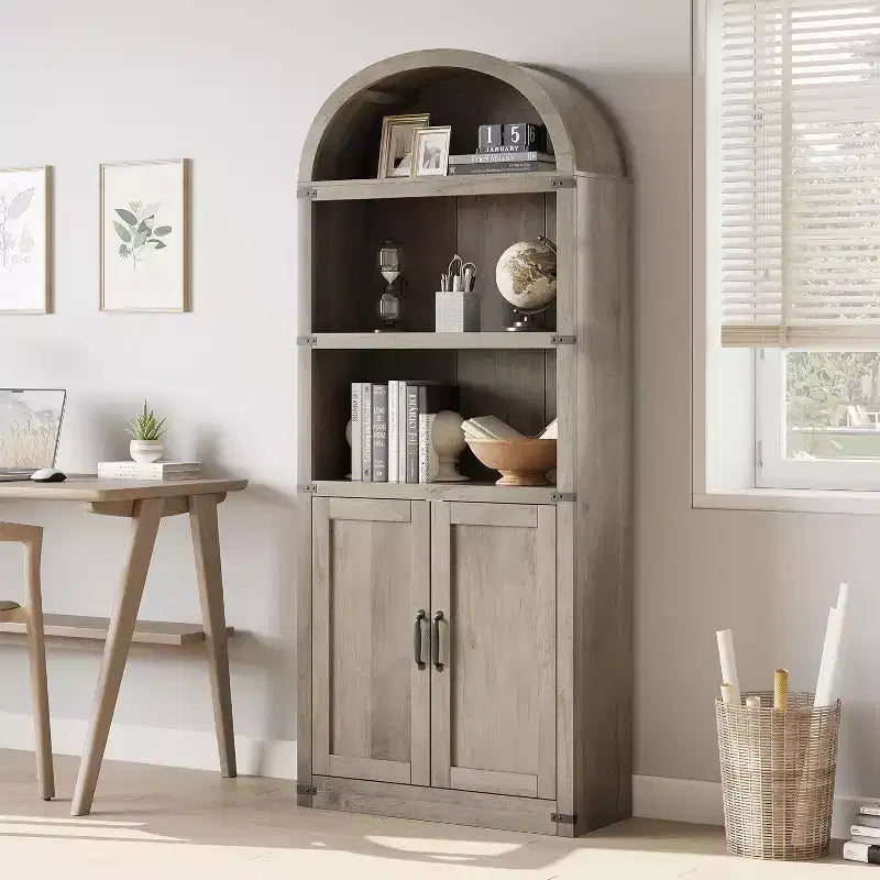 Bibliothèque avec portes Étagère cintrée 182 cm de haut Bibliothèque de style rustique avec étagères Bibliothèques en bois pour la maison, le bureau, le salon