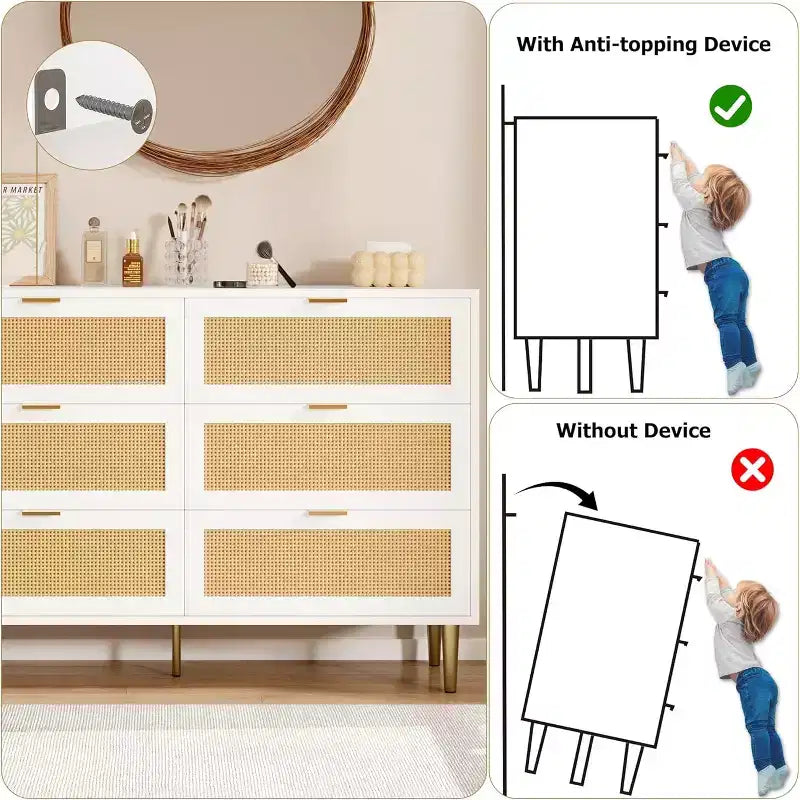 Commode GustoWave à six tiroirs en rotin naturel pour chambre à coucher, avec pieds et poignées dorés