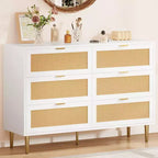 Commode GustoWave à six tiroirs en rotin naturel pour chambre à coucher, avec pieds et poignées dorés