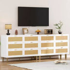 Commode GustoWave à six tiroirs en rotin naturel pour chambre à coucher, avec pieds et poignées dorés