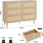 Commode GustoWave à six tiroirs en rotin naturel pour chambre à coucher, avec pieds et poignées dorés