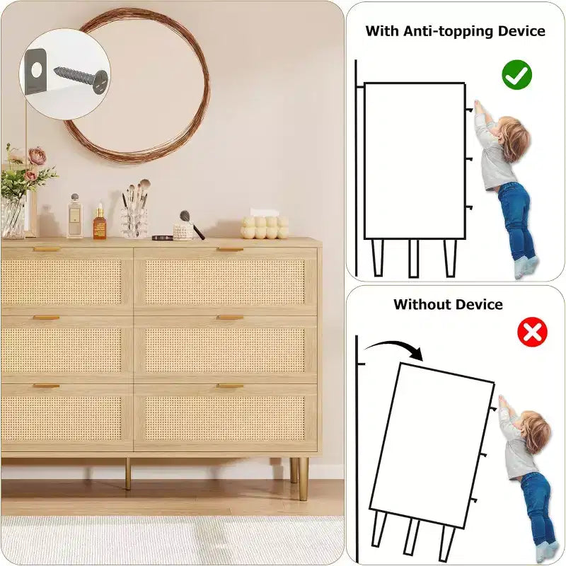 Commode GustoWave à six tiroirs en rotin naturel pour chambre à coucher, avec pieds et poignées dorés
