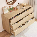 Commode GustoWave à six tiroirs en rotin naturel pour chambre à coucher, avec pieds et poignées dorés