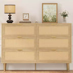 Commode GustoWave à six tiroirs en rotin naturel pour chambre à coucher, avec pieds et poignées dorés