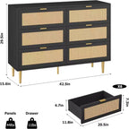 Commode GustoWave à six tiroirs en rotin naturel pour chambre à coucher, avec pieds et poignées dorés