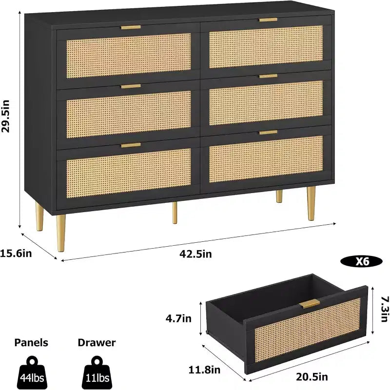 Commode GustoWave à six tiroirs en rotin naturel pour chambre à coucher, avec pieds et poignées dorés