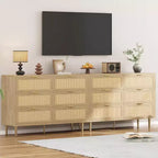 Commode GustoWave à six tiroirs en rotin naturel pour chambre à coucher, avec pieds et poignées dorés