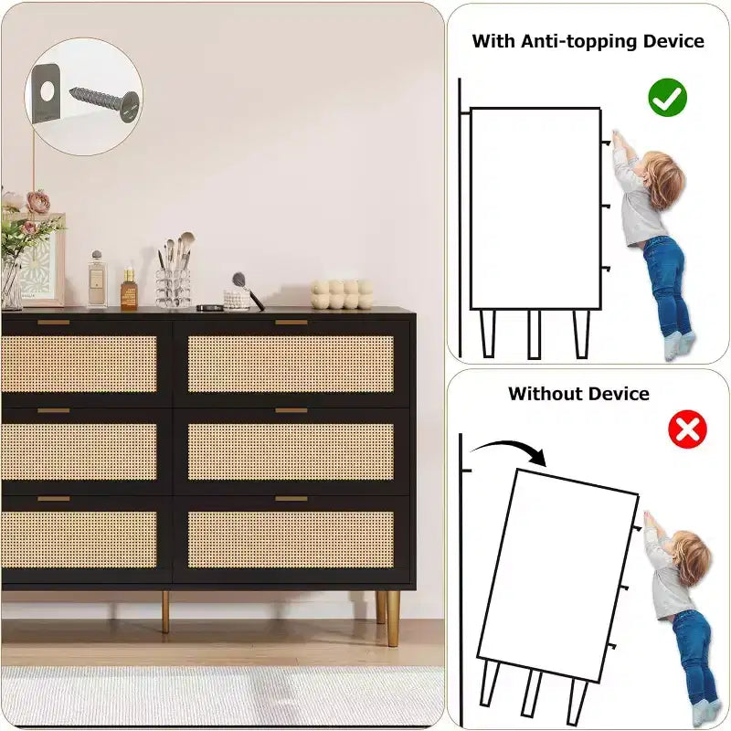 Commode GustoWave à six tiroirs en rotin naturel pour chambre à coucher, avec pieds et poignées dorés