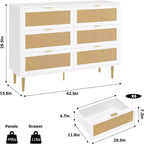 Commode GustoWave à six tiroirs en rotin naturel pour chambre à coucher, avec pieds et poignées dorés